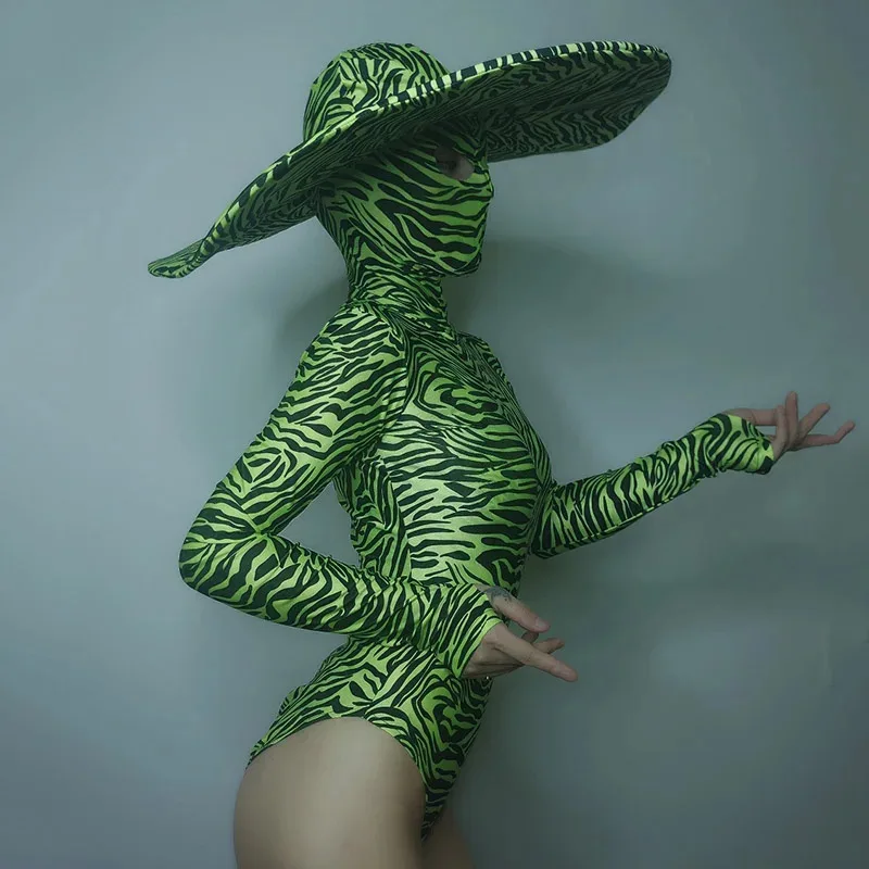 Sexy Gogo Costume Women Green Black Zebra Stripes Bodysuit Nightclub Dj Ds Performance Leotard Dancer Rave Clothes Outfit DT962