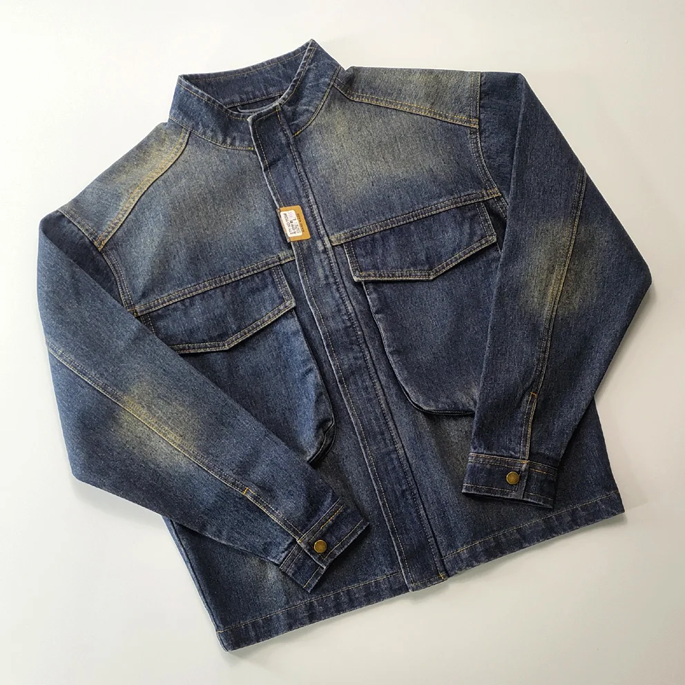 

Waed Pure Cotton American Casual Stand Collar Men's Denim Jaet Spring Autumn Loose Fit with Big kets Retro Sle
