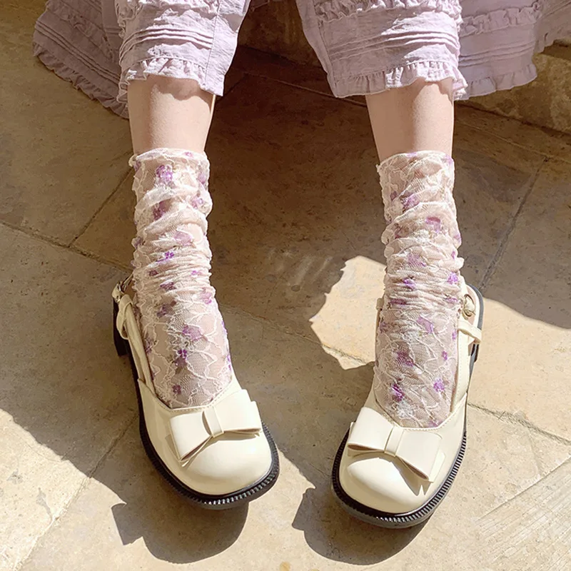 Lace socks children's summer thin Japanese small floral medium tube socks outer wear ins tide summer jk Mary Jane pile