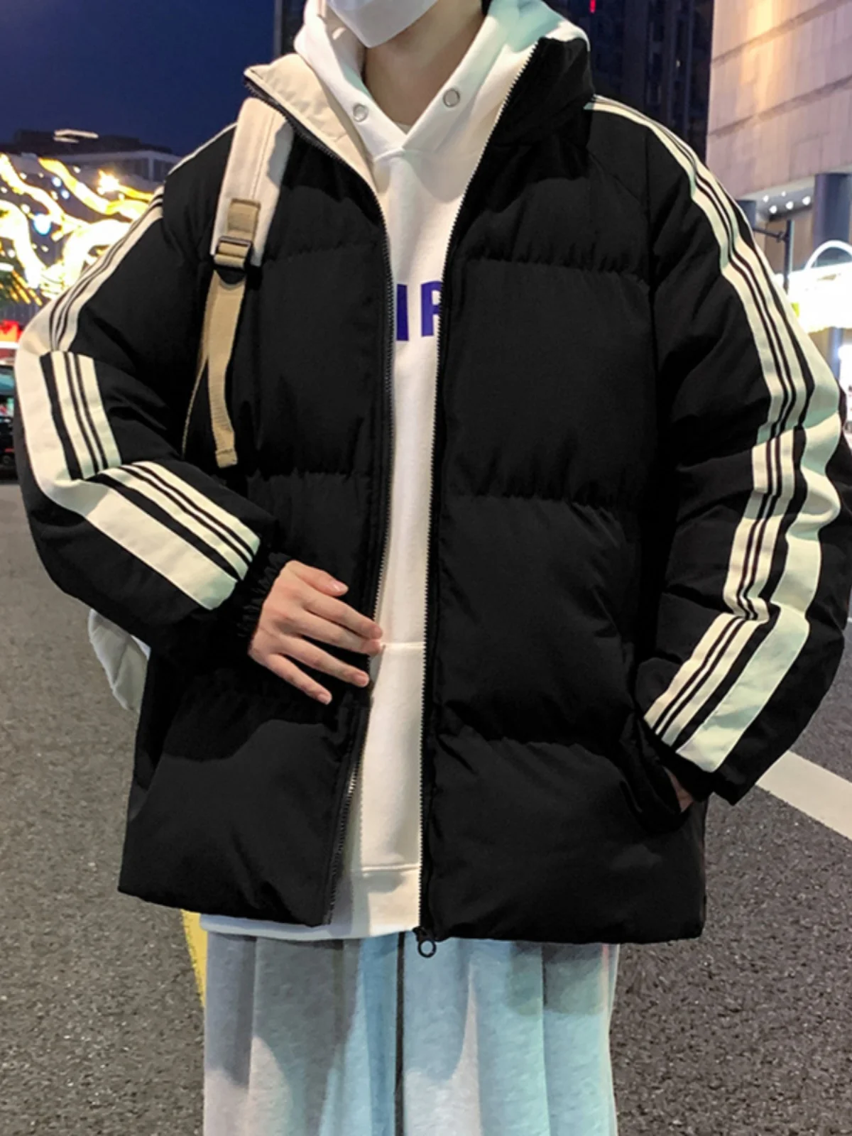 

Winter Thiened Stripe Cotton Jaet Men's Casual Loose Versatile Bread Sle Cotton Coat Stand Collar Faionable Streetwear