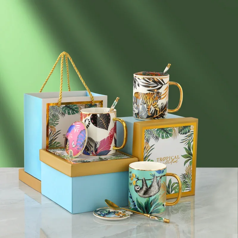 

Luxury Ceramic Mug Set with Lid And Spoon Animal Pattern Coffee Cup for Milk Water Drinking Tea Party Home Drinkware Gift Box