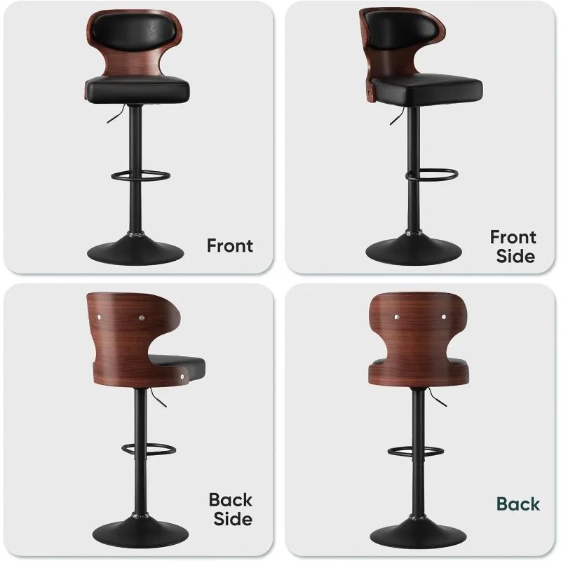 Bar Stools Set of 4 Seat Adjustable Height 24.5-33.5IN - Bentwood Swivel Barstools with Back & Footrest - PU Leather Upholstered