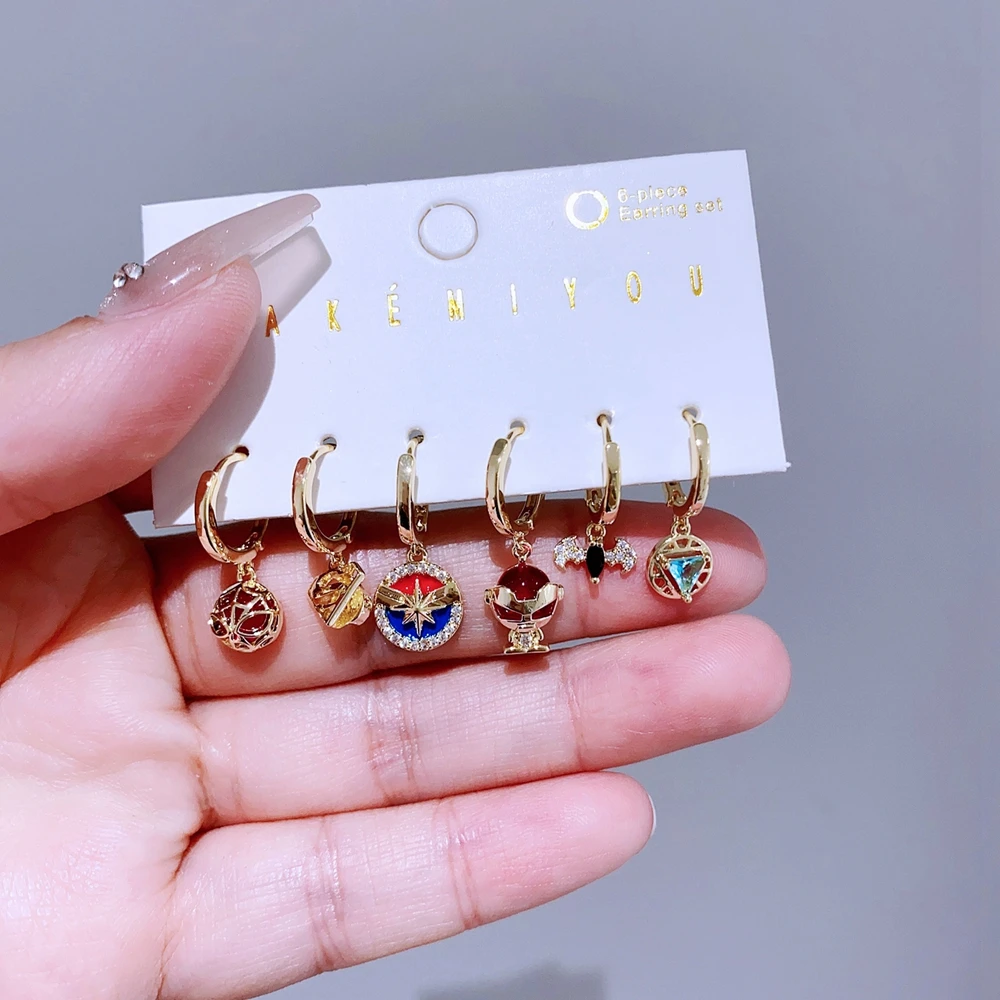 6pcs/Set Cool Mixed Movie Hero Pendants Huggie Hoop Earrings for Women Gold Color Zircon Crystal Jewelry