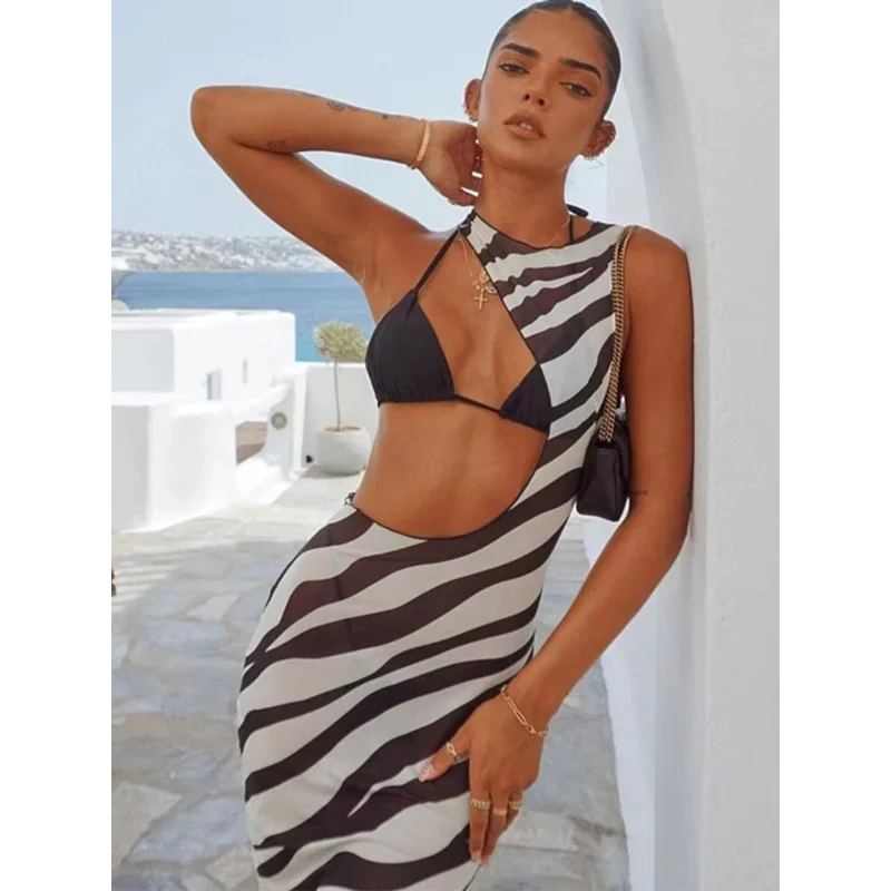 Langes Strandkleid mit Zebramuster für Damen – Sexy transparentes Mesh-Maxi-Überzug, figurbetontes Sommerurlaubskleid mit gestreiftem Ausschnitt