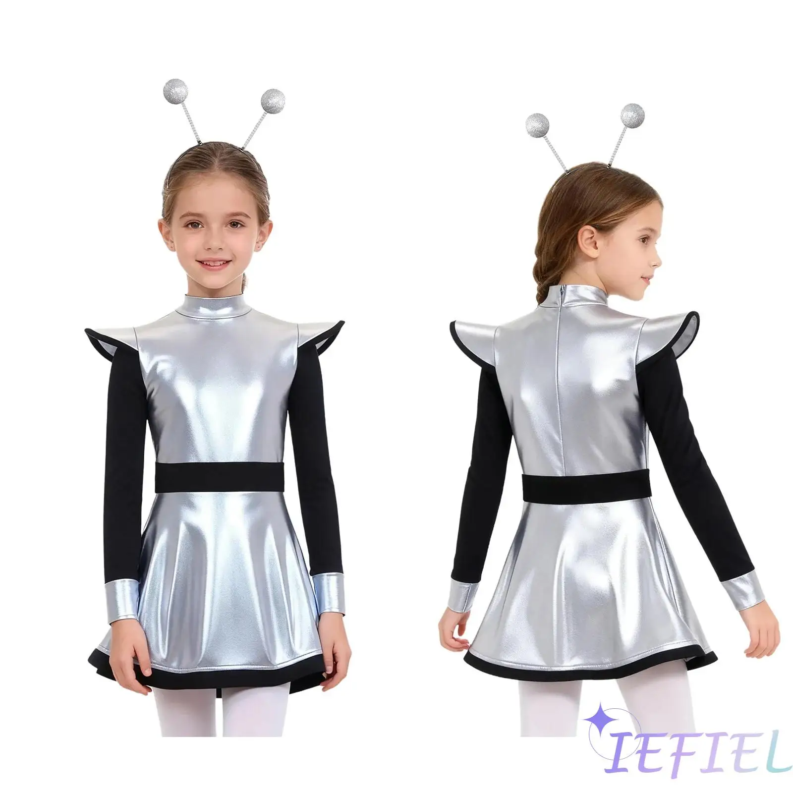 Disfraz de Astronauta Alienígena de 2 Piezas para Niñas, Diseño Metálico Brillante con Parches, Vestido de Manga Larga con Cuello Alto y Diadema