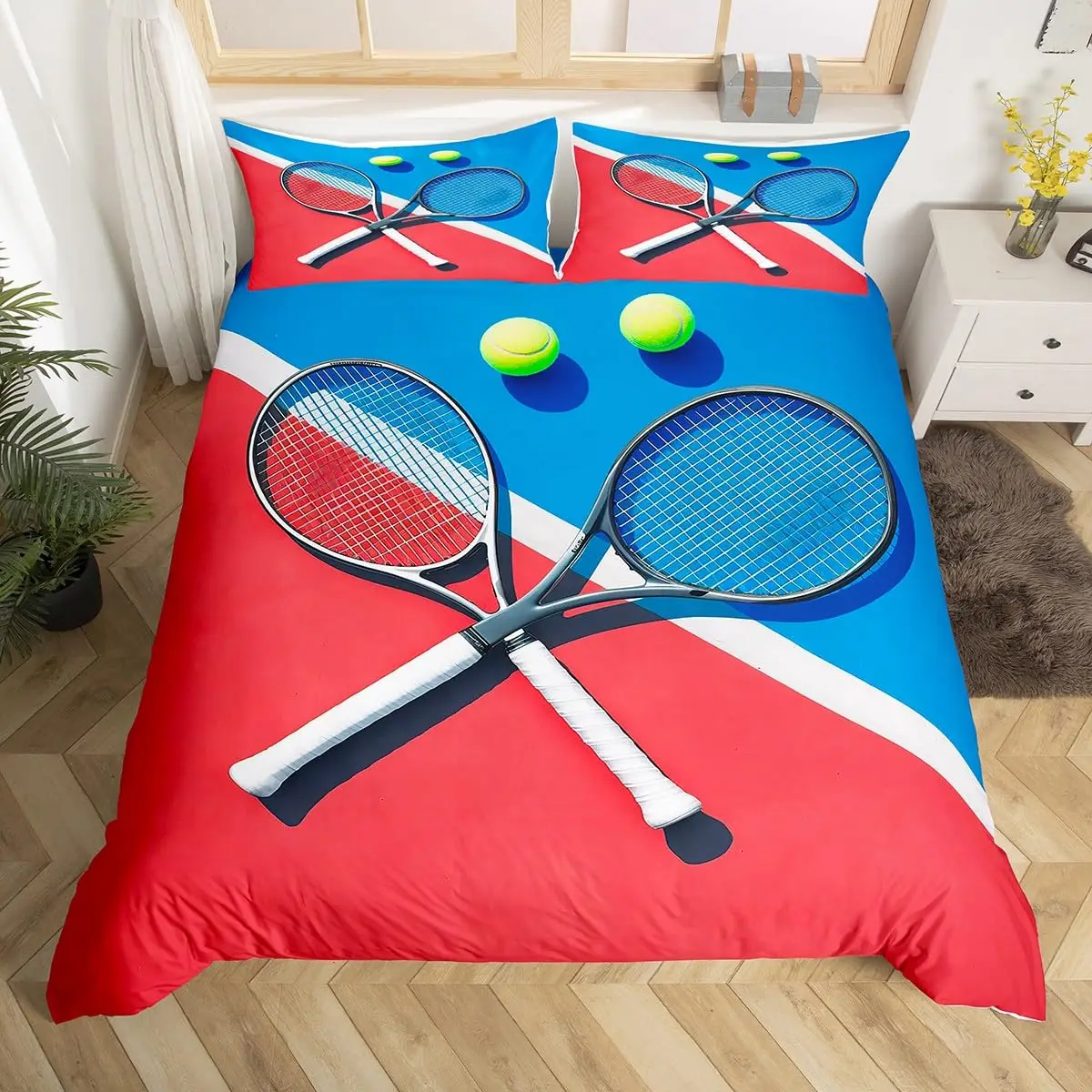 Kids Tennis Duvet Cover King Full,Tennis Ball Games Bedding Set Sports Comforter Cover Ball Sport Quilt Cover with 2 Pillow Case