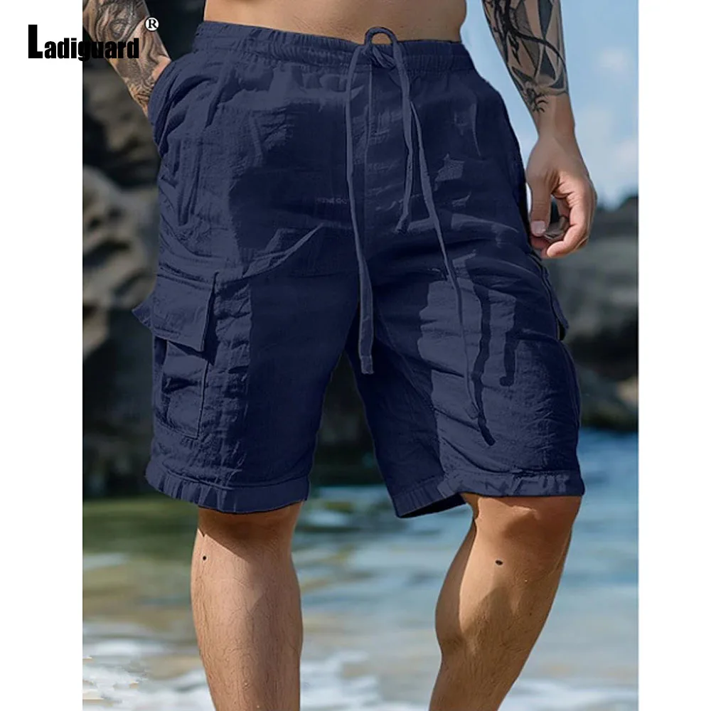 Ladiguard Plus Size 3xl Men Casual Linen Beach Shorts Solid White Khaki Multi-Pocket Shorts Men\'s Drawstring Knee-Length Pants