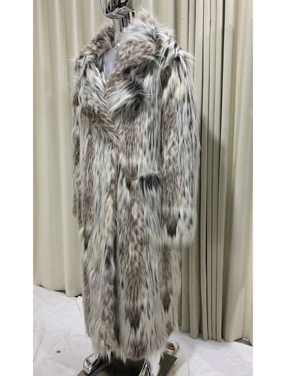 

Autumn Winter Extra Long Thick Warm Colorful Hairy Faux Fox Fur Coat Women Double Breasted Runway Fashion Furry Overcoat 2025