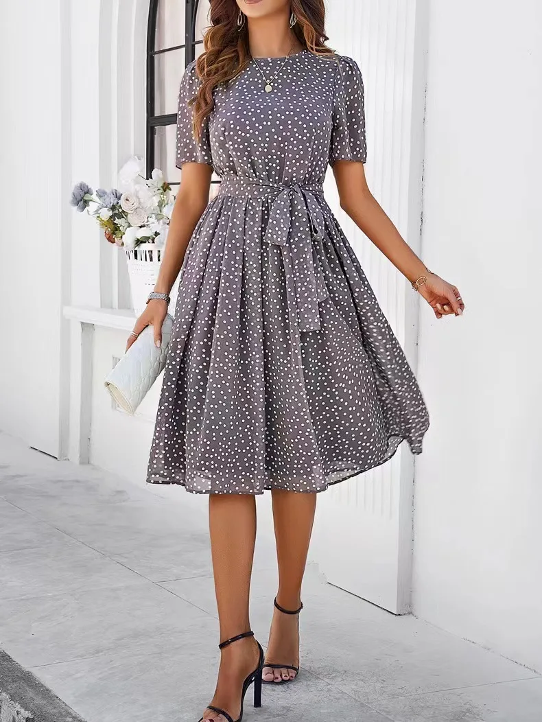 

Summer Casual Polka Dot Print Dress Loose Daily Fashion Commuting Style Short-sleeved Round Neck High Waist A-line Long Dresses