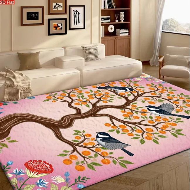 Fruit Tree Bird Scenery Art Carpet Flooring Vintage Floral Edge Printed Floor Rug Home Decor for Indoor Household