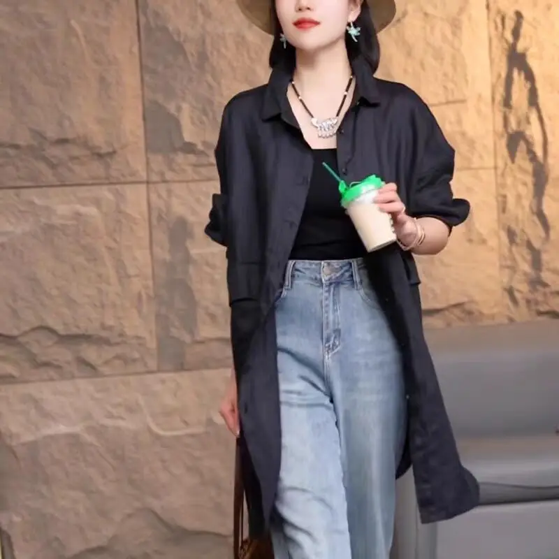 

Retro Faionable Mid-Length Casual irt Women's Outerwear Loose Sle Autumn New Arrival Collar Pure Color Straight Cut