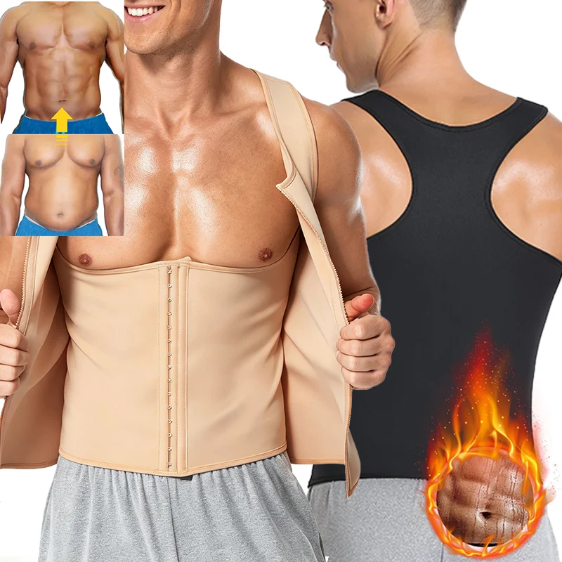 Men Compression Sauna Sweat Shirt for Body Slimming Tank Tops Double Layer Body Shaper Tummy Control Hooks and Zipper Girdle