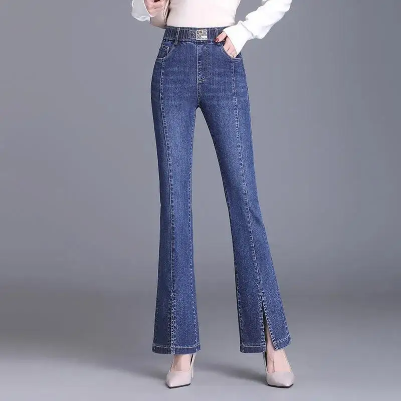 Jeans fendus évasés taille haute pour femmes, streetwear à la mode, bande élastique, denim, pantalon complet, mince, décontracté, droit, fjwear, printemps, été