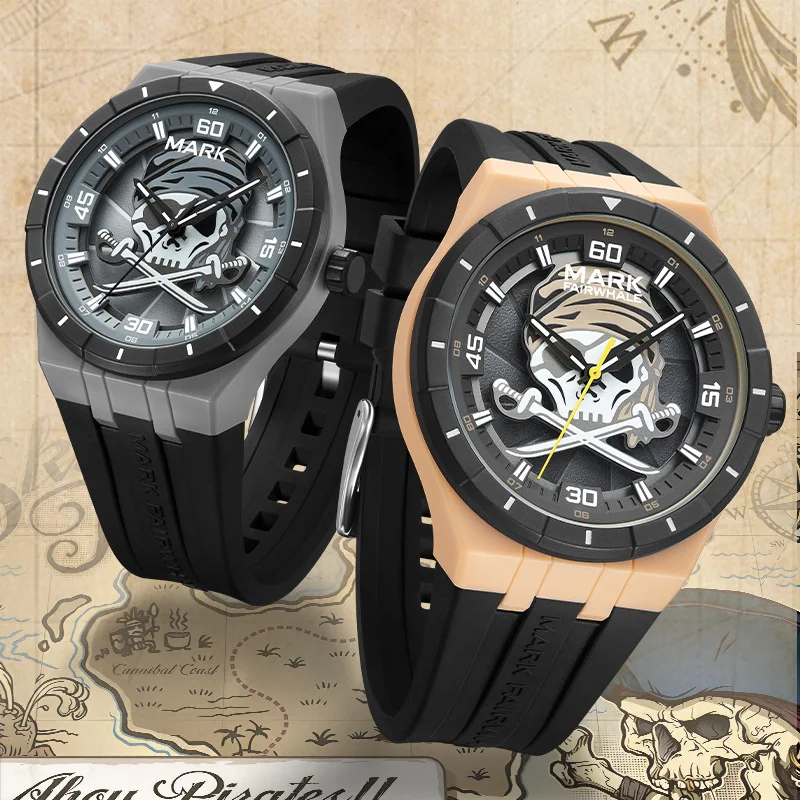 Mark Fairwhale New Fashion Skull Rotating Dial Quartz Watches for Man Sports Silicone Strap Waterproof Luminous Mens Watches