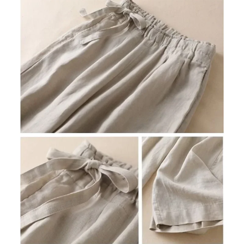 루즈 팬츠 여름 여성 얇은 바지 미적 스타일 탄력 허리 솔리드 팬츠 올매치 캐주얼 와이드 레그 코튼 린넨