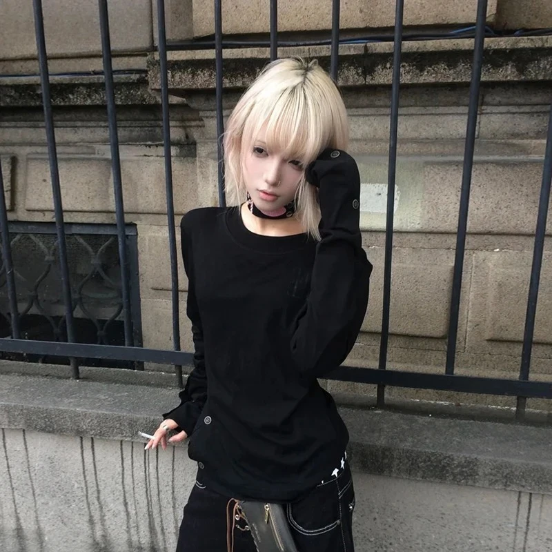 Herbst Gothic Vintage T-shirt Frauen Langarm Taste Y2k Retro Schwarz Grunge Tops Streetwear 2000er Jahre Mode Druck T-shirts neue