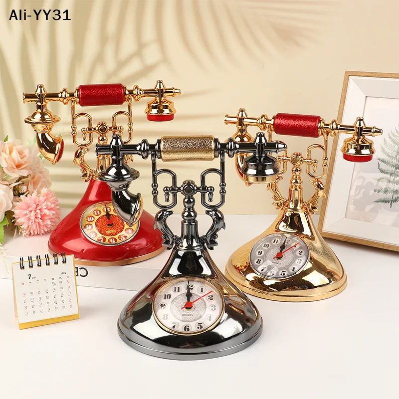 【Ya3】Retro Telephone Model Alarm Clock Creative Timekeeper Desktop Ornament For Home Room Bedside Table Decoration