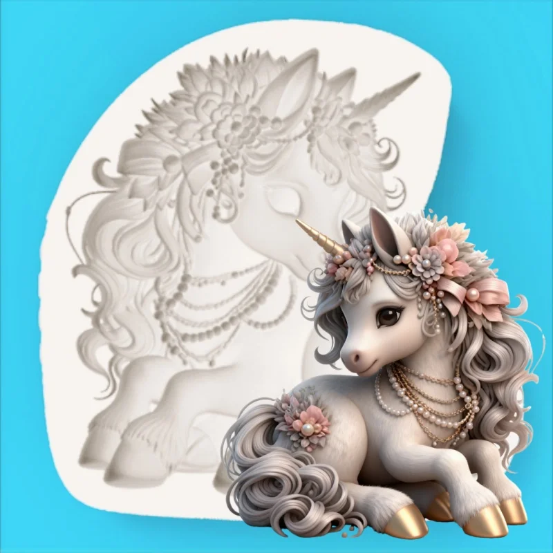 Luxurious Decorative Unicorn Art Mold, Pearl Garland Embellishment Design, Dreamy Dessert Fondant Chocolate Making Silicone Mold - view 3