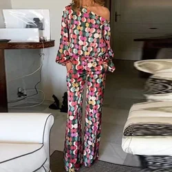 Elegant Shoulder Sleeve Top Long Pant Outfits 2024 Women Casual Loose Two Piece Suit Fashion Spring Print Pocket Long Sleeve Set