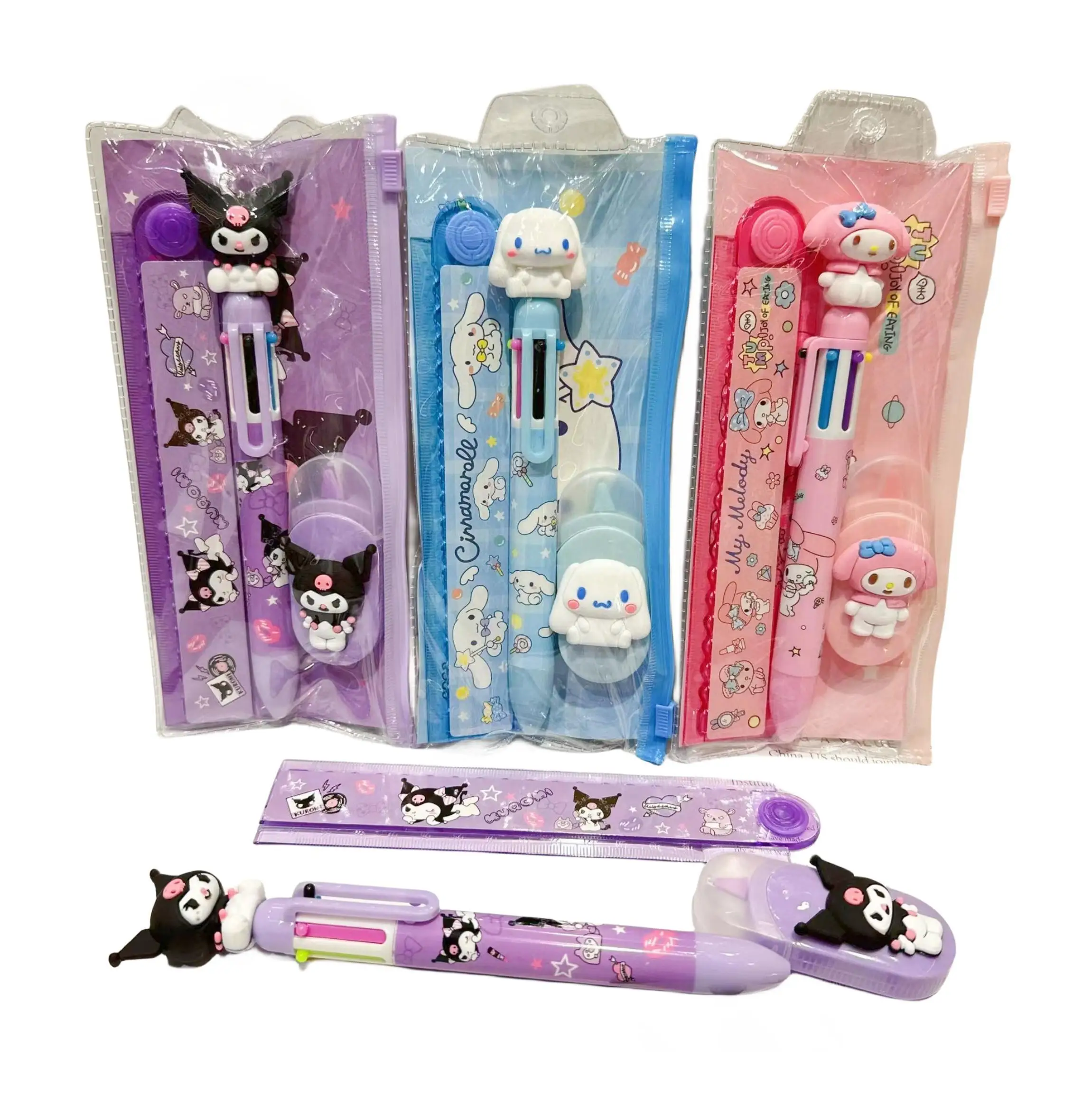 Cartoon Sanrio Hellokittys My Melody Multi-Color Pen Correction Ruler Set Cute Student Stationery Kuromi Handbook Stationery Set