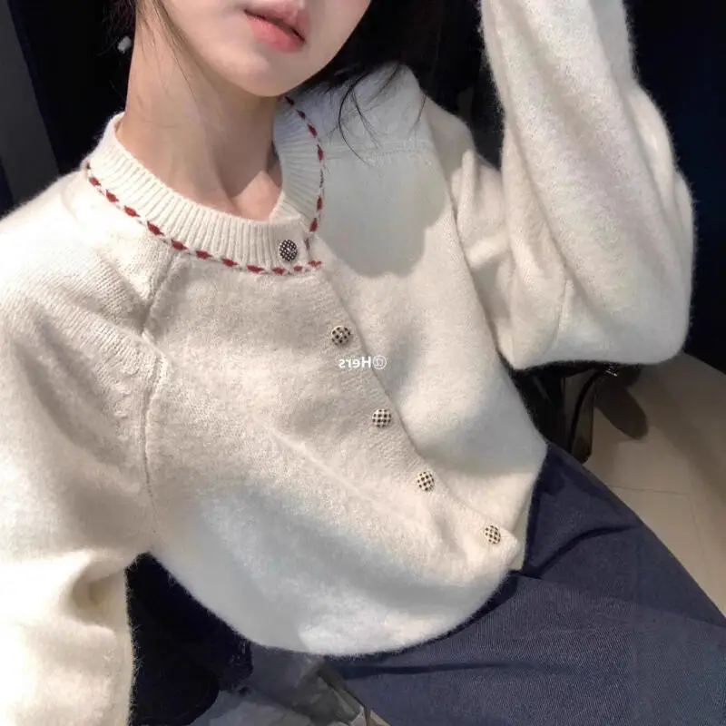 

Женский кардиган, трикотаж, пуловер, свитер с длинными рукавами, куртка, пальто, верхняя одежда на молнии с круглым вырезом, клетчатая пуговица, простой стиль