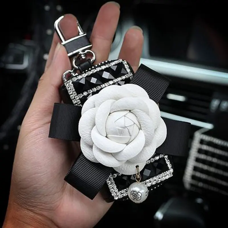

Camellia Flower Leather Car Key Case Key Wallet Storage Bags Crystal Rhinestones Auto Key Holder Covers For Women Girls Gifts