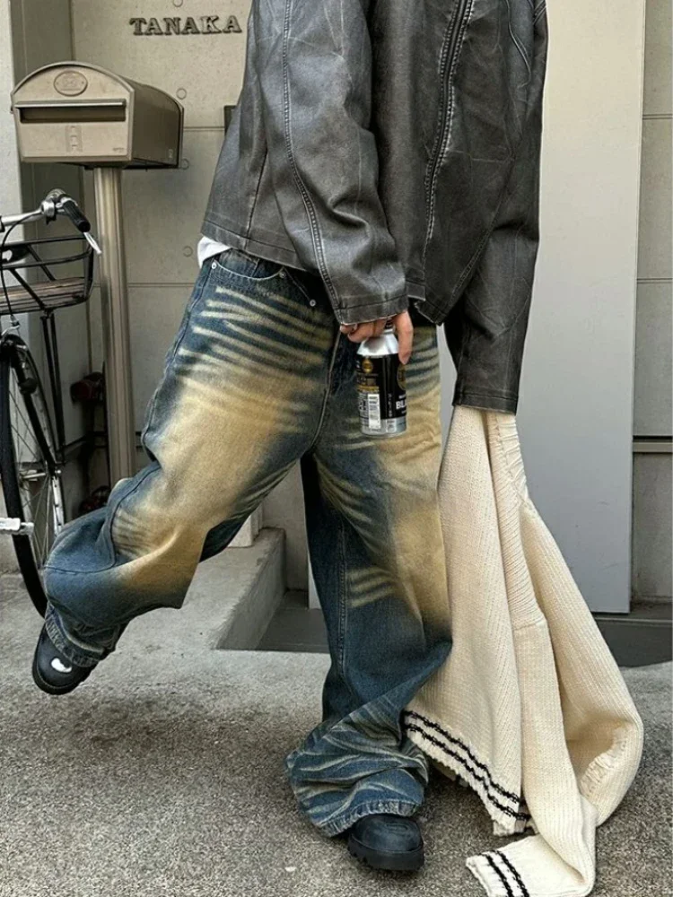 New Vintage Wide-leg Jeans Vintage Washed Yellow Do Old Classic Y2K Pants Nostalgia Loose Straight Pants Korean Streetwear Men's