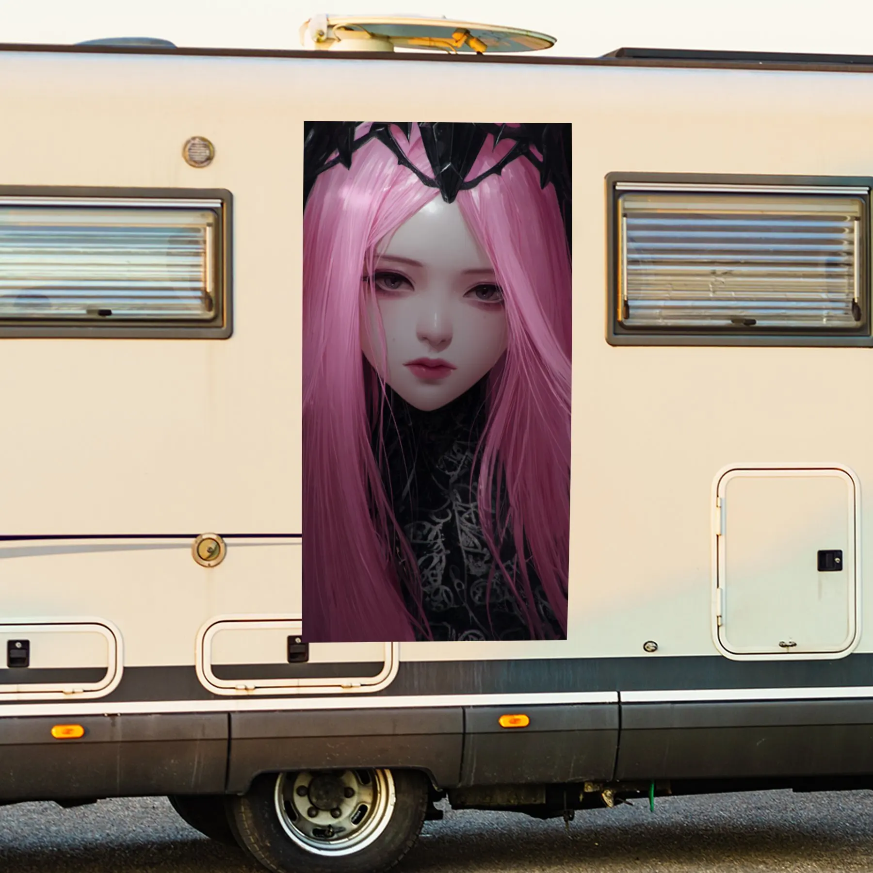 

Pink - haired Character with Black Horns,Waterproof Vinyl Decal for RV Side, Self - Adhesive Stickers to Decorate & Protect RV B