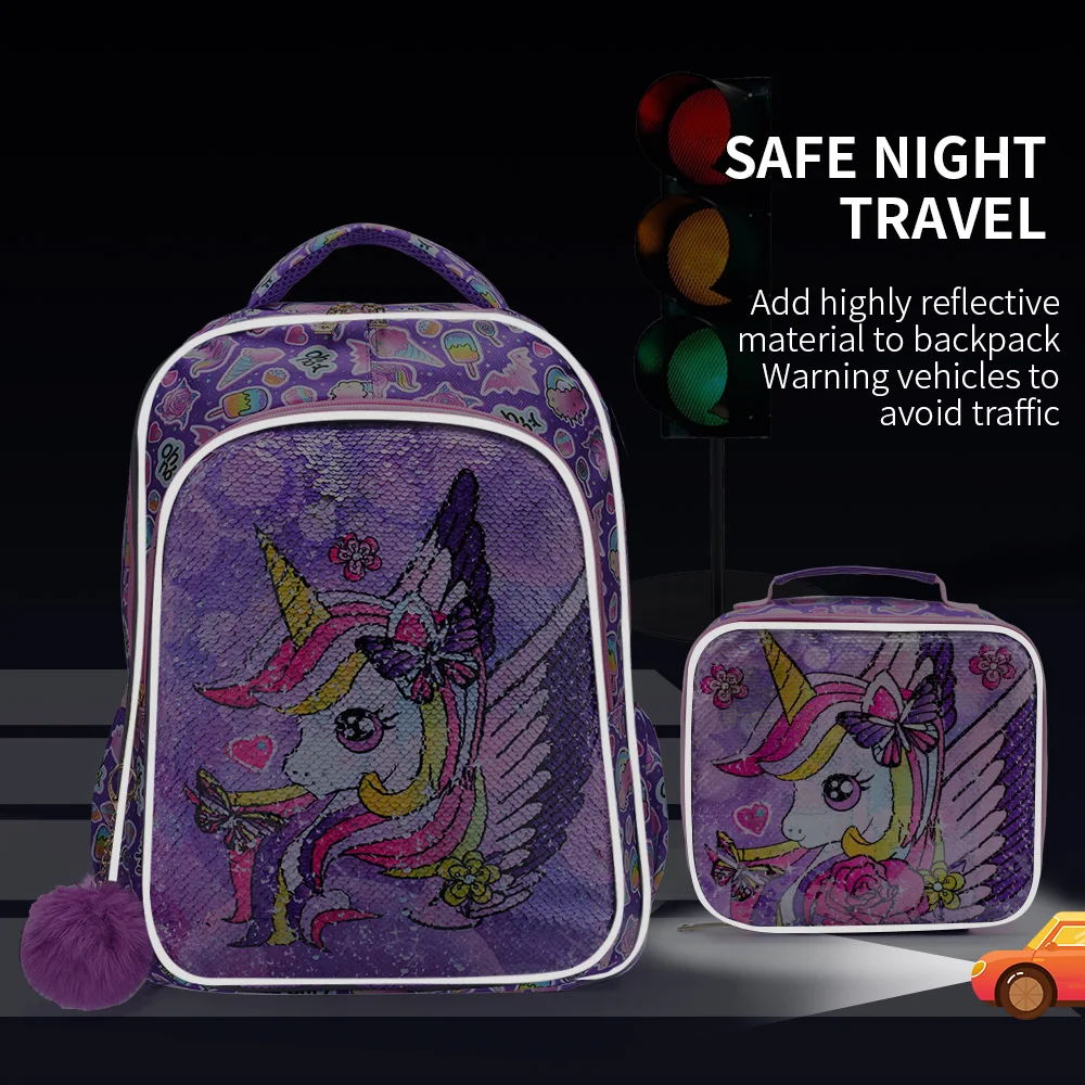 3PCS set Backpack For Girls Kids School BookBag With Lunch And Pen Bag Purple Unicorn Cute sequin Glow-in-the-dark Function