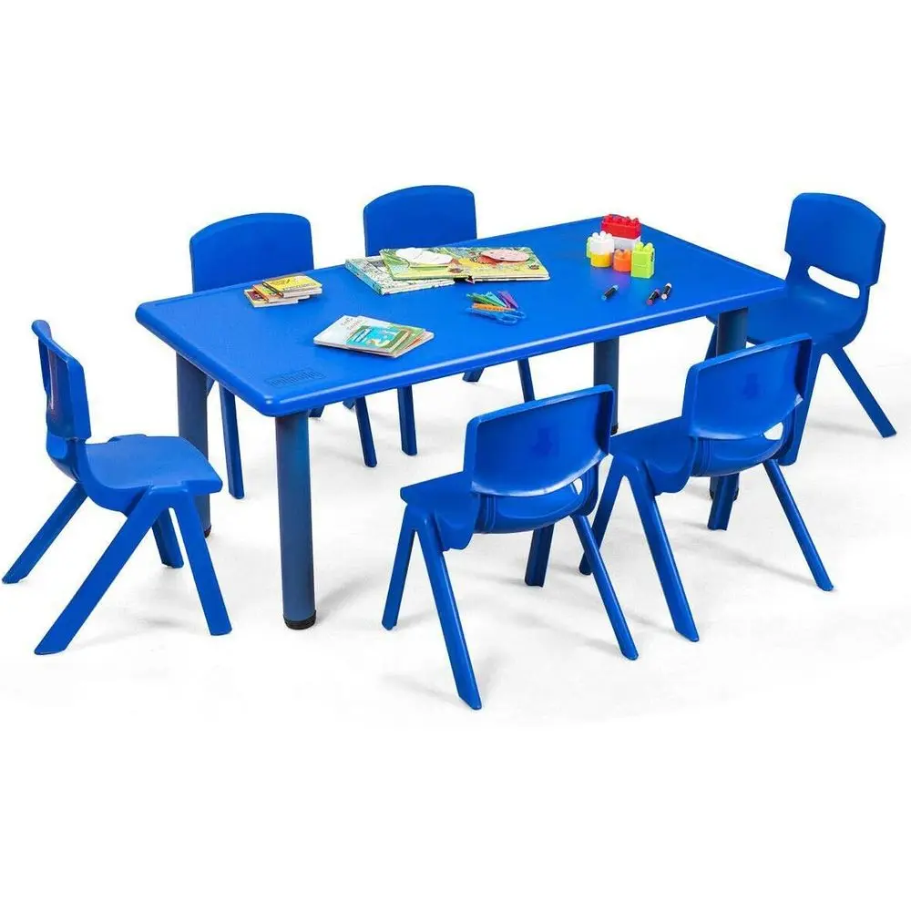 Kids Table and Chair Set, 6 Pcs Stackable Chairs, 47 x 23.5 Inch Recular Plastic Activity Table Set or Children Reading Ding Pla