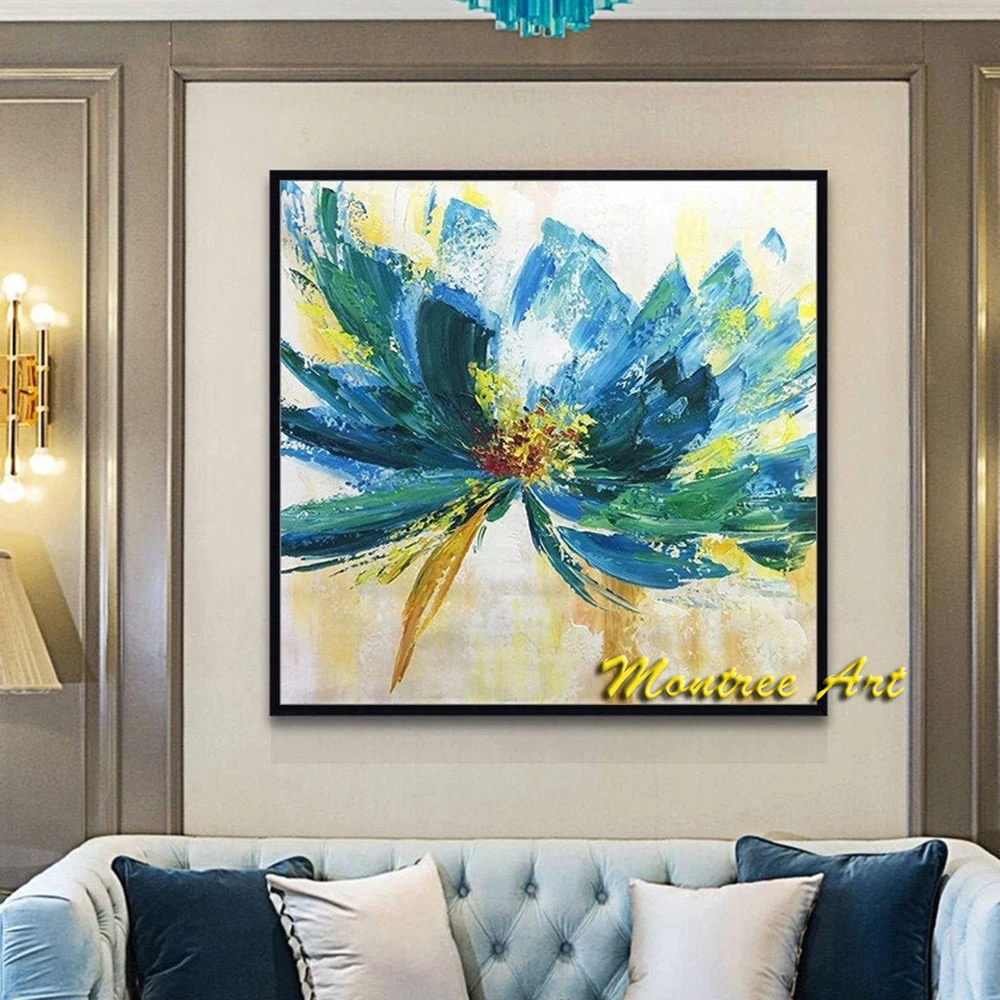 Handmade Oil Painting Modern Oversize Abstract Wall Art Colorful Large Brush Stroke Oil Painting on Canvas Artwork Blue Flower