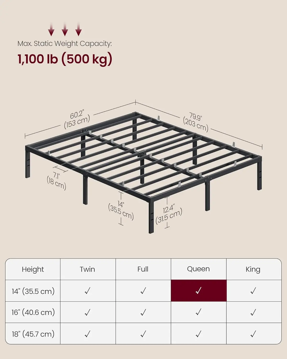 Queen Metal Bed Frame 14 Inches Tall, 1100 lb Weight Capacity, No Box Spring, with Under Bed Storage, Heavy-Duty Platform Bed