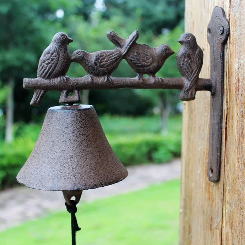 Four Birds Cast Iron Wall Mounted Hand Cranking Welcome Door Bell Rustic Antique Gold Handmade Countryside Home Garden Gifts