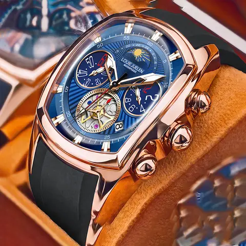 LOUIEJUELEN New Men's Quartz Watch Skeletonized Rotor Dial Moon Phase and Date Display Silicon Barrel-Shaped Case reloj hombre