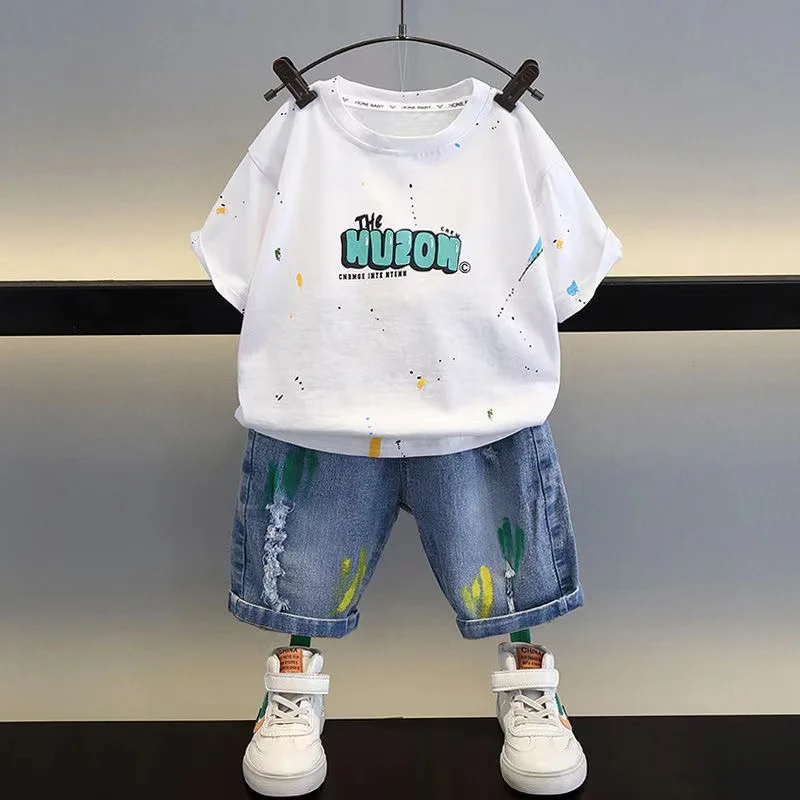 Summer Baby Kids Clothes Boy Sets Toddler Boys Cotton Sleeve T-shirt +Denim Shorts 2Pcs Children Outfits 1 2 3 4 5 6Y