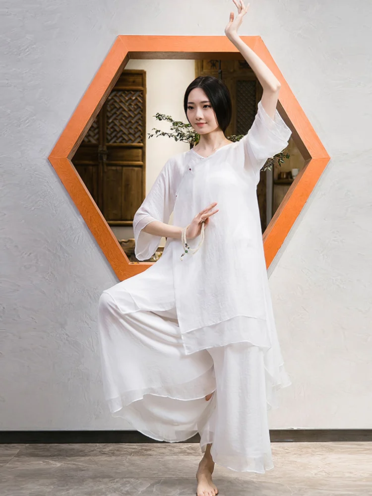 Ensemble de danse Zen éthérée blanche Dr, Costume de cérémonie de thé irrégulier pour femmes, tenue de spectacle sur scène traditionnelle chinoise