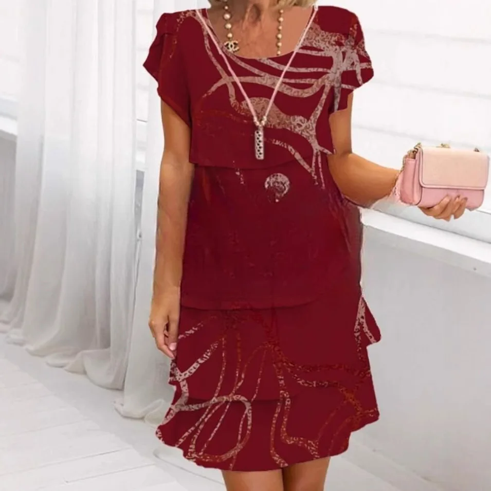 Babados primavera floral impressão chiffon vestido mulher elegante o pescoço em camadas plissado verão manga curta a linha festa vestidos curtos