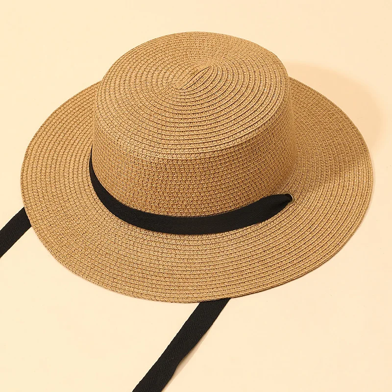 2022 Long Ribbon Decor Straw Hat For Women Summer Boat Hats Ladies Holiday Beach Hats Wholesale