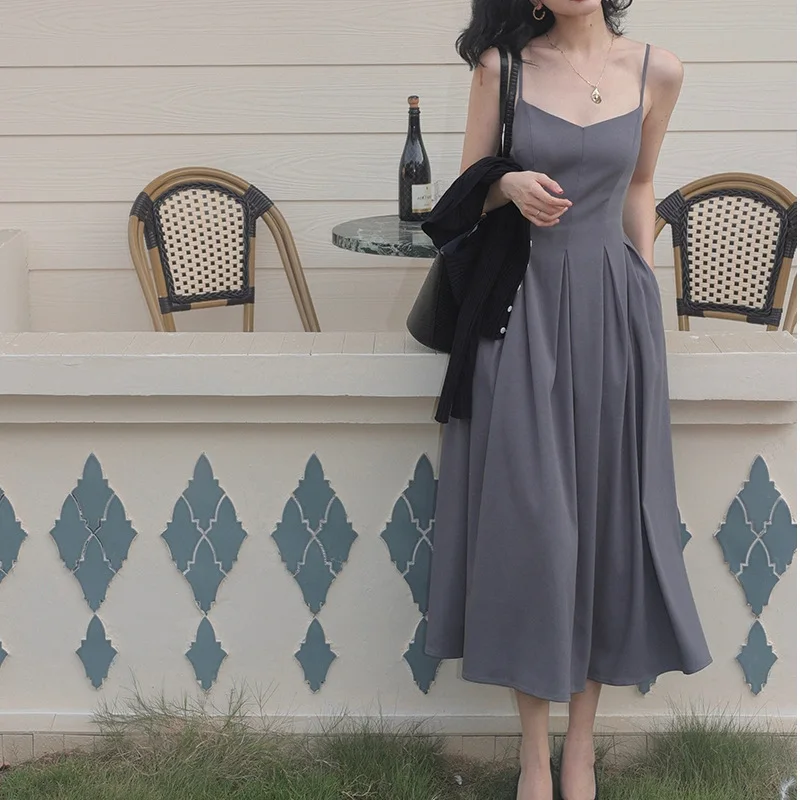 

French Style Women Spaghetti Strap White Dress A-Line Solid Slim V-Neck Mid-Calf Vestidos Simple Design Female All-Match Dresses