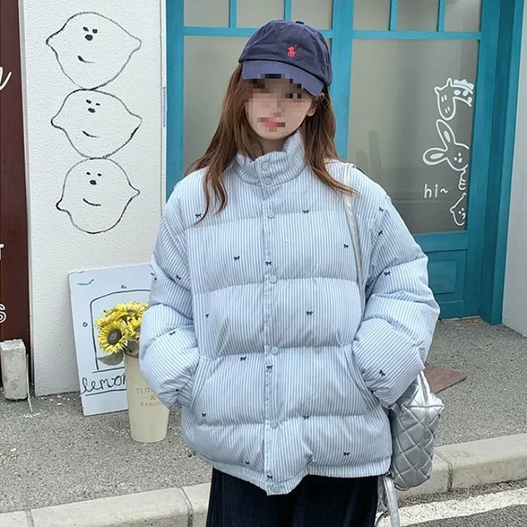 سترة الوقوف طوق معطف الشتاء الخبز تصميم دافئ الأزرق القطن مبطن المرأة ملابس خارجية سميكة شريط فراشة عقدة القطن #2