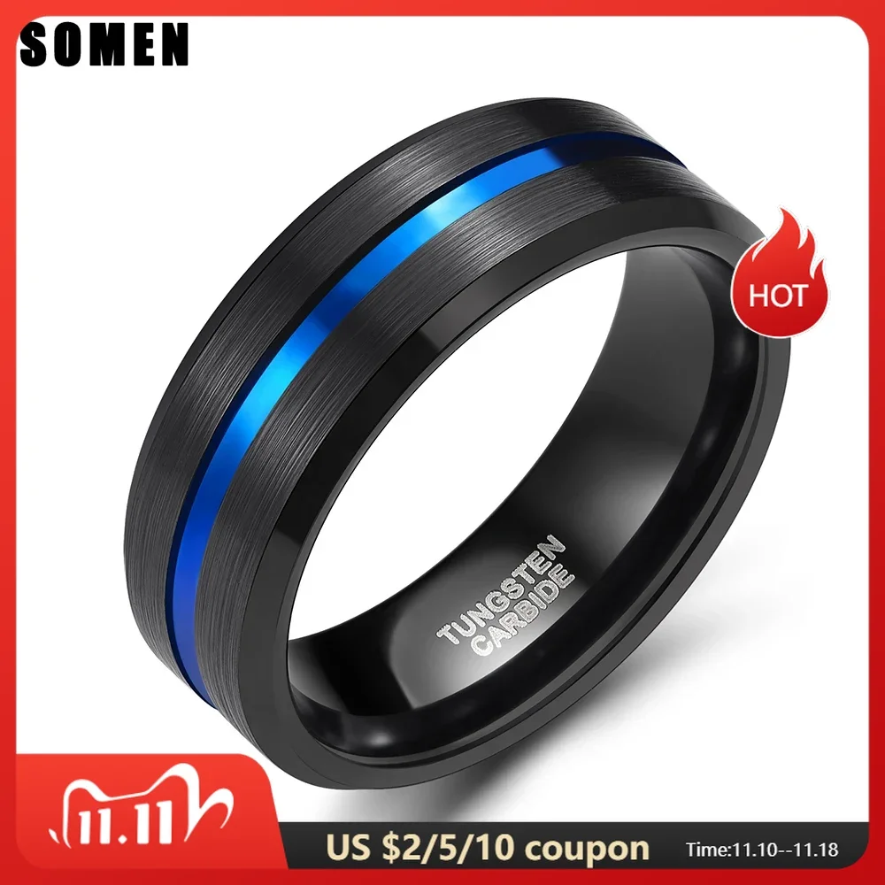 Somen 8mm Blue Line Inlay Mens Black Tungsten Carbide Ring For Engagement Wedding Rings Jewelry Masonic Ring Bague Homme