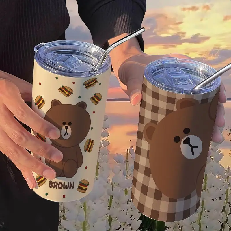 Neuer brauner Cony Anime Cartoon niedlicher Edelstahl-Isolierbecher, kreativer, mädchenhafter, Kawaii-Kaffeebecher mit großem Fassungsvermögen und tragbarem Strohhalm – Detail 1