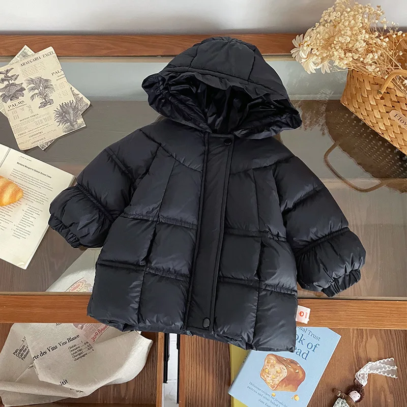 

2025 Winter New Children's Hoodie Solid Color Lace Bundle Mouth Mid length Warm Down Jacket