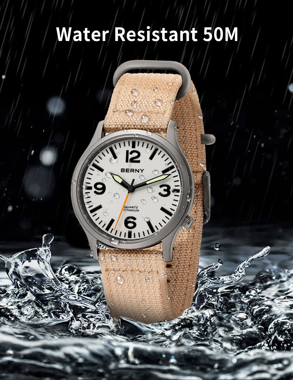 BERNY Titanuhren für Herren, Saphir-Feldsport-Quarzuhr, voll leuchtendes Zifferblatt, wasserdichte Armbanduhr für den Außenbereich – Detail 8