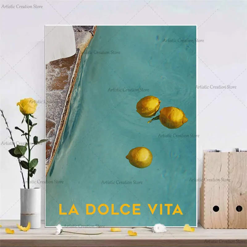 La Dolce Vita Lemon Pool Poster Canvas Print Painting Wall Pictures Nordic Italian Summer Blue Color Art Living Room Home Decor