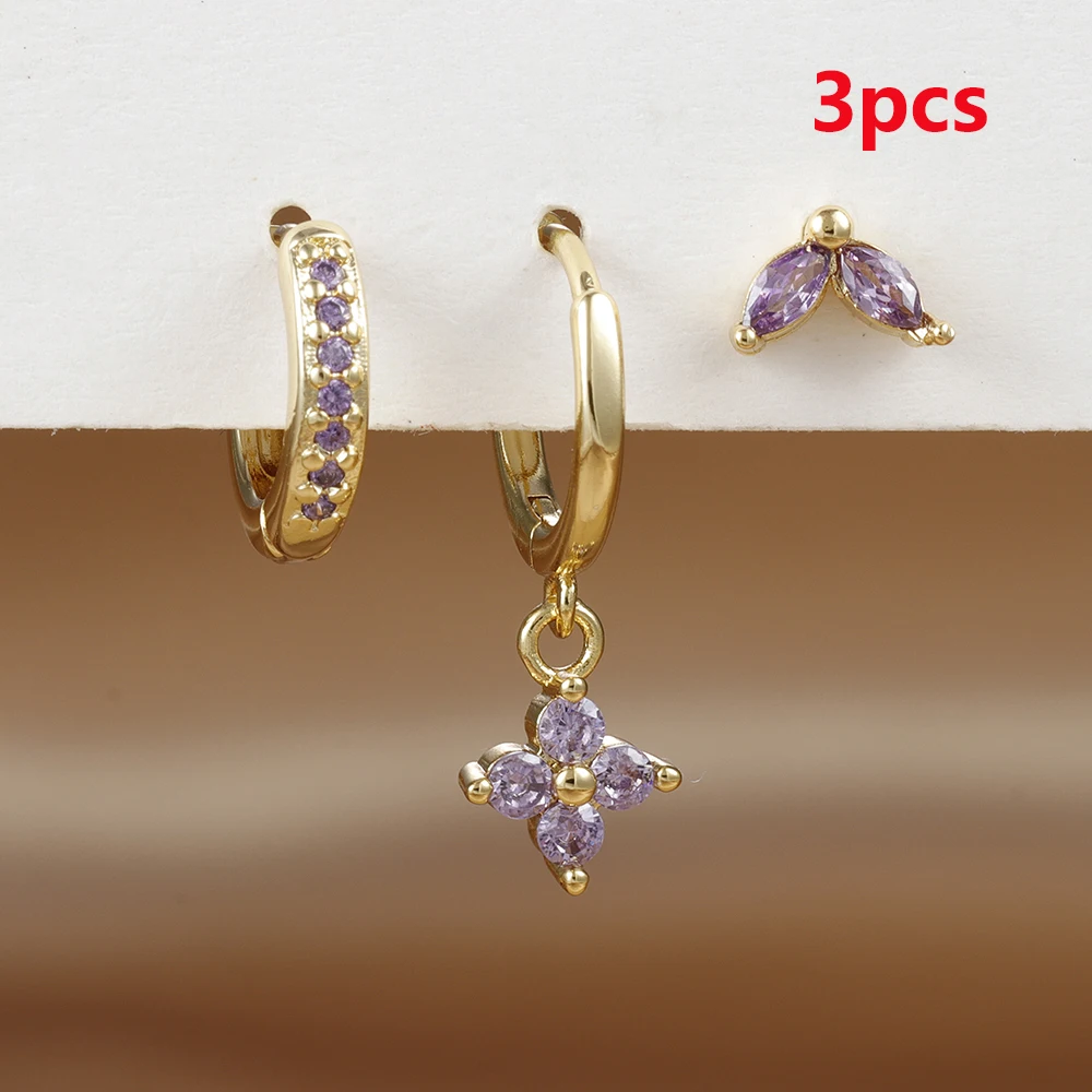 3PCS Stainless Steel Zircon Flower Pendant Hoop Earrings Set for Women Simple Small Gold Color Cartilage Piercing Jewelry aretes