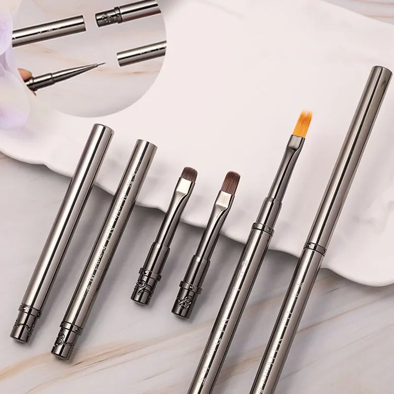 Dual-Ended Nail Art Liner Brushes Metal Handle Carving Flat/Oval/Fine Angled Gel Painting Brushes Professional Manicure Tools