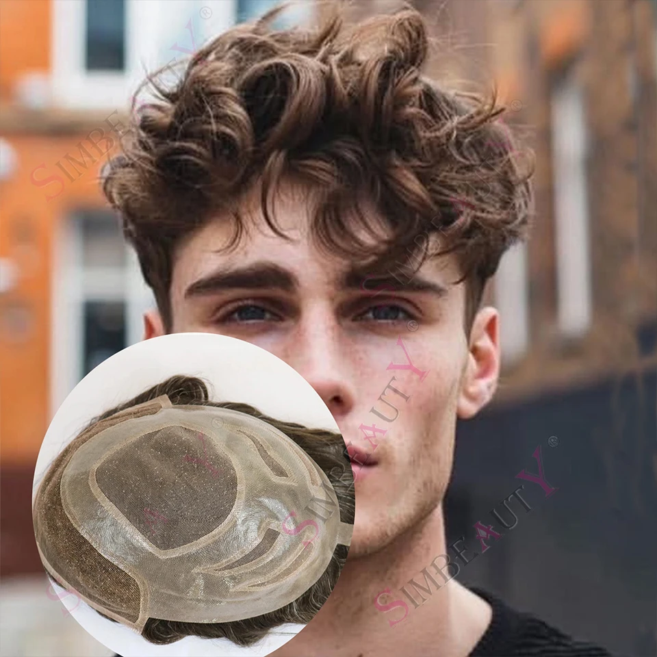 

26 мм натуральный вьющийся универсальный дышащий кружевной фронтальный мужской пепельно-русый мужской парик легко носить парик из человеческих волос супер прочные шиньоны