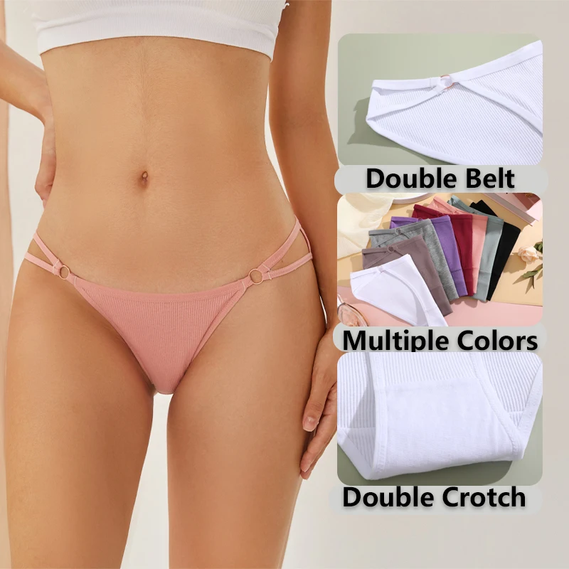 FINETOO Women Cotton Underpants Panties Sexy Low Waist Double Belt Brief Female Seamless Solid Multiple colors Intimate Lingerie