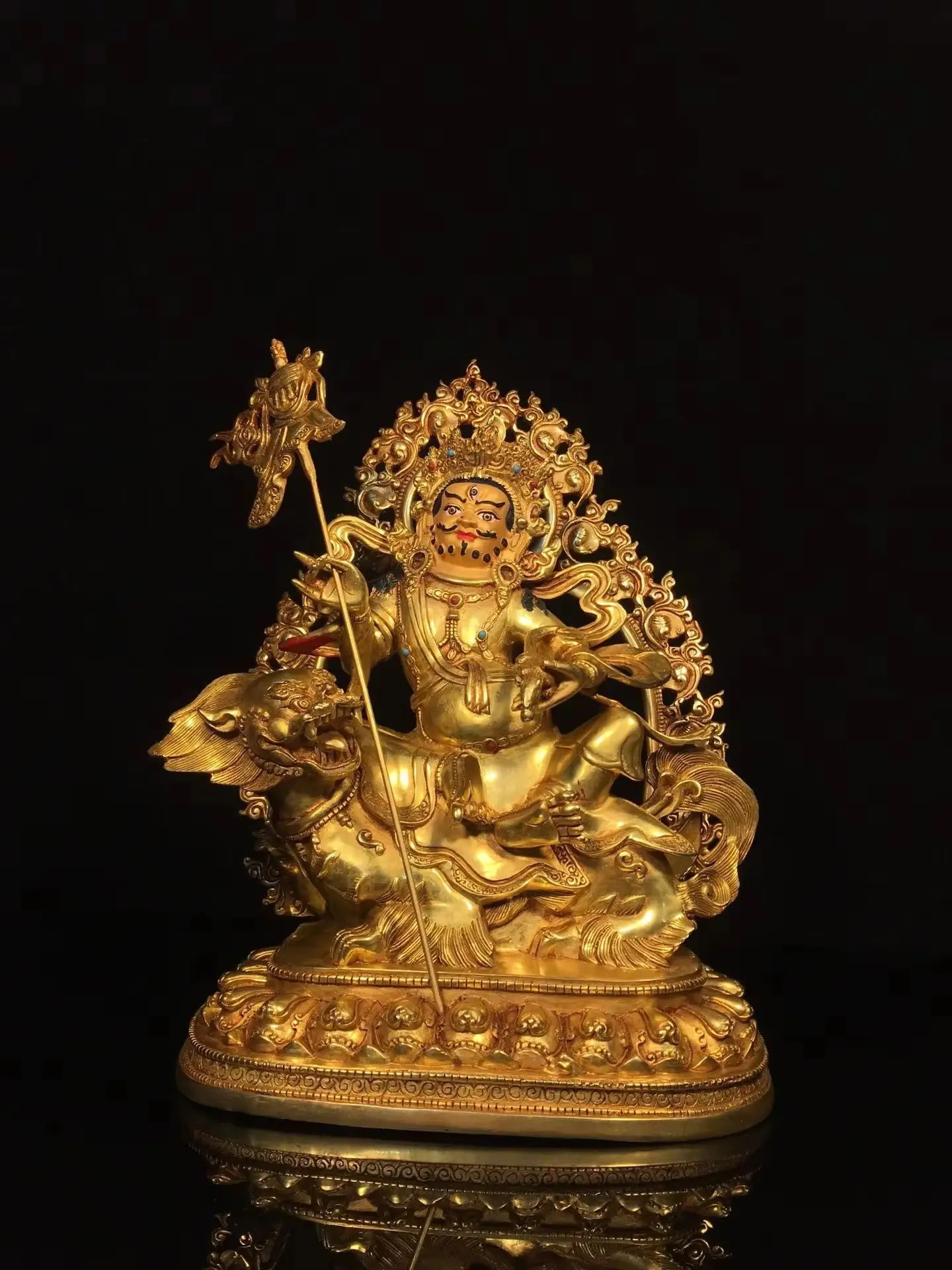 13”Old Xizang Folk Collection Old Bronze Gilded Painted Face Vaisravana Treasure King Buddha ride Animals Backlight worship ha